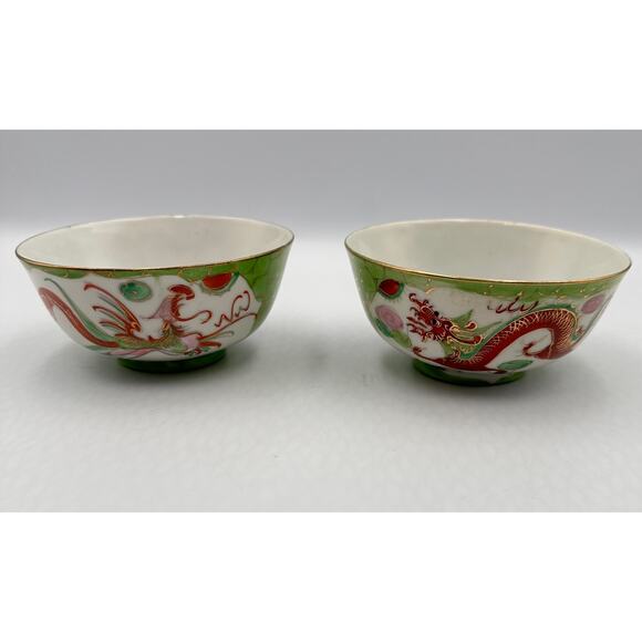 Antique Chinese Porcelain Dragon & Phoenix Soup Rice Bowls - Picture 9 of 11